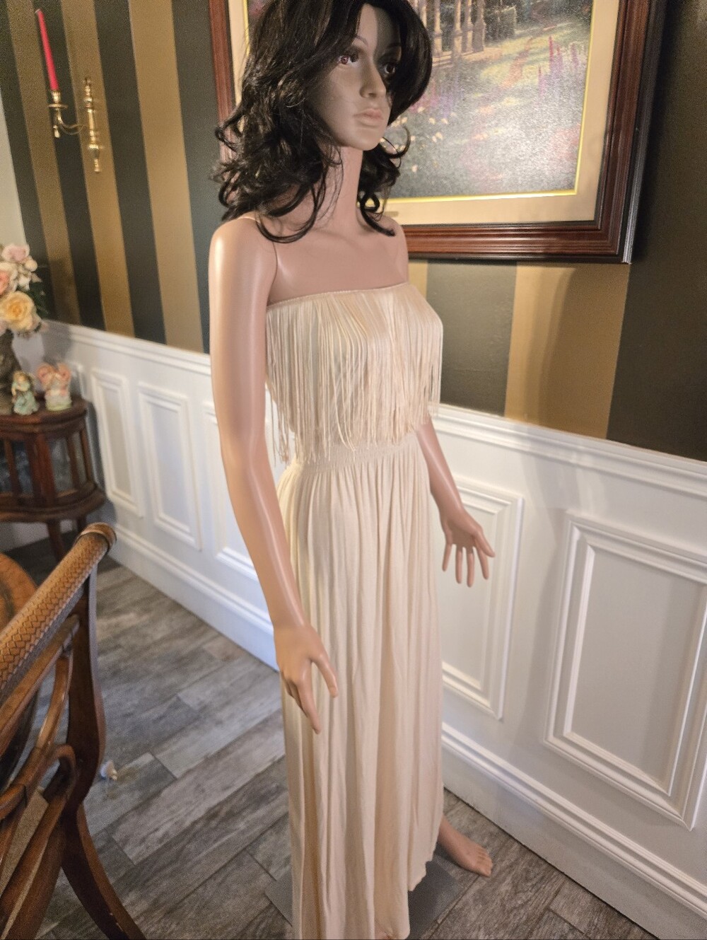 Cristinalove Strapless Fringe Maxi Dress in Beige
